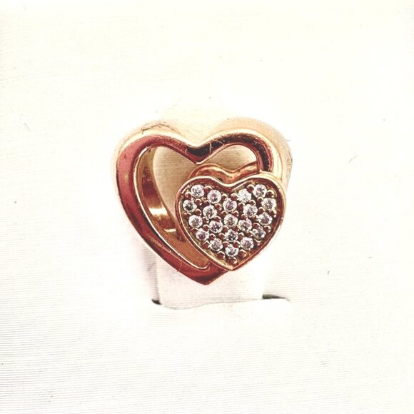 Pandora ALE Rose Tone Double Heart Pave Crystal Slide Charm Size 11mm - Picture 1 of 7